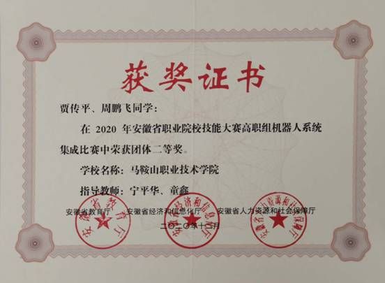 2020年指导学生获机器人系统集成省二等奖